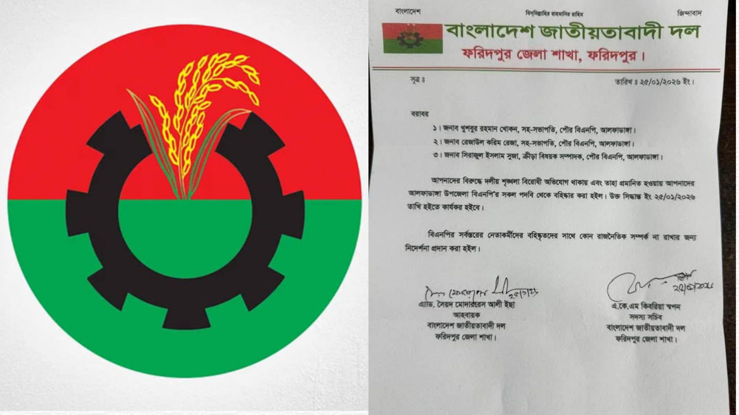 ফরিদপুরে বিএনপির তিন নেতা বহিষ্কার